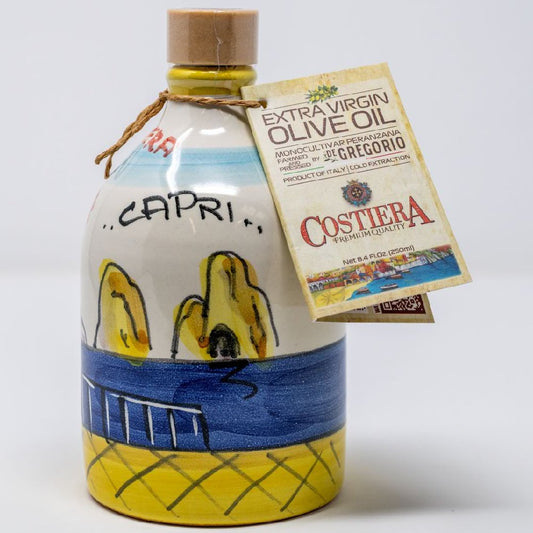 Premium Monocultivar Extra Virgin Olive Oil in a 8.4fl.oz (250ml) Hand Crafted Ceramic Bottle. CAPRI