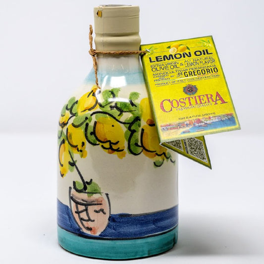 Premium Lemon Oil in 8.4fl.oz (250ml) Hand Crafted Ceramic Bottle. Made with our Premium EVOO and cold pressed Sorrento's Lemon Fruit Flavor.
